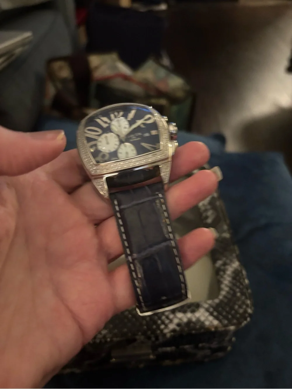 Stunning 4 ct Diamond Techno Com by KC Stainless Watch, Navy Blue Croc Strap